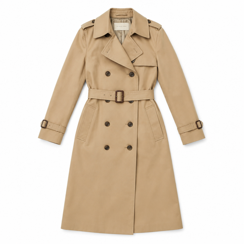Camel trench coat on white background